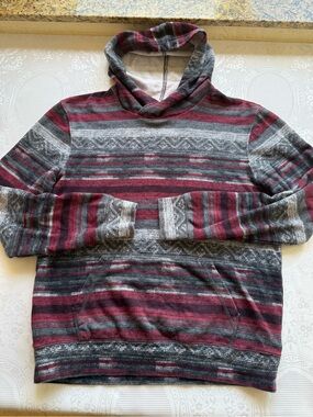 On The Byas Aztec Men's Size M Striped Hooded Pullover Sweatshirt Gray/Burgundy